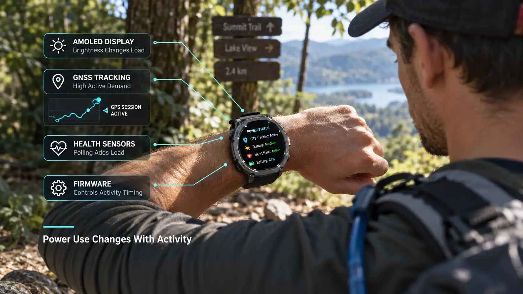 Outdoor smartwatch showing how display, GPS and sensors affect battery use. Outdoor smartwatch showing how display, GPS and sensors affect battery use.