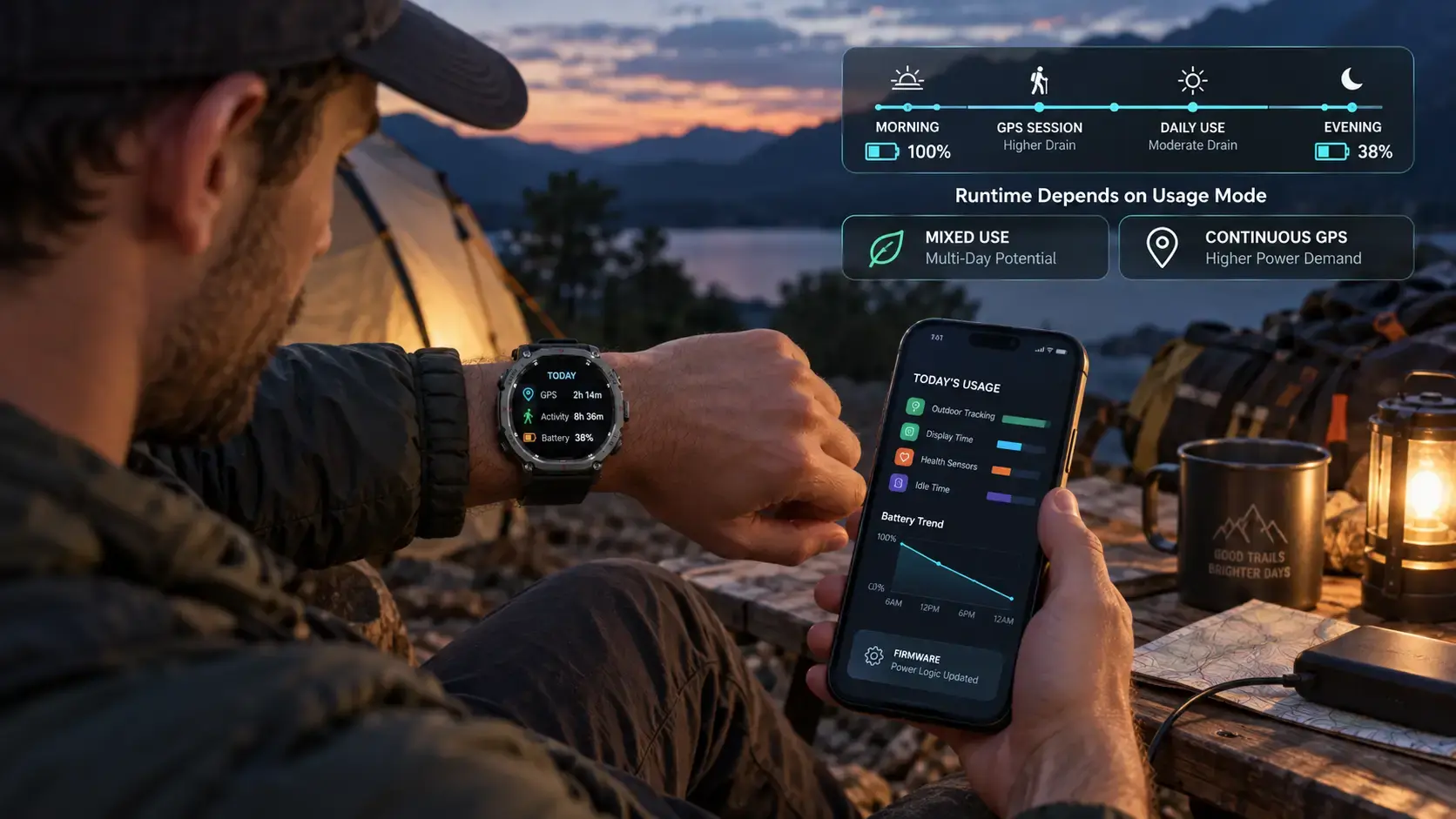 Hiker reviewing smartwatch GPS usage and remaining battery after an outdoor day.