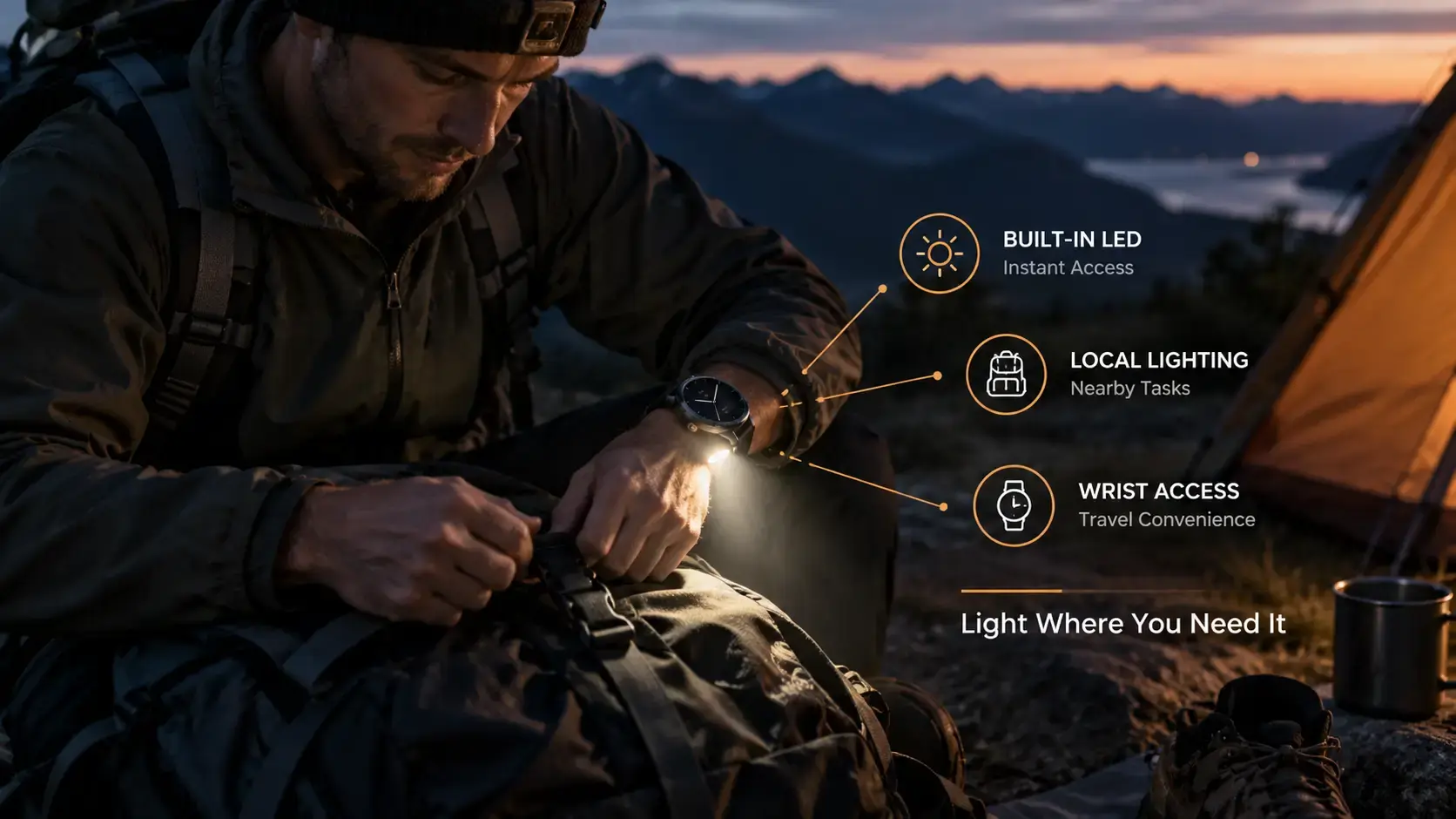 Traveler using a smartwatch LED light to check camping gear. Traveler using a smartwatch LED light to check camping gear.