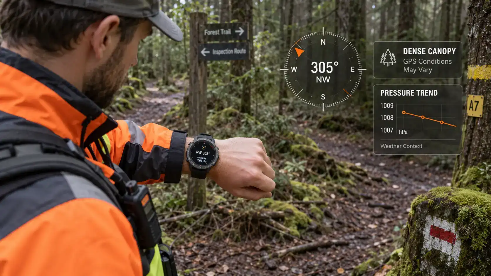 Field worker checking compass and pressure trends under dense forest canopy.