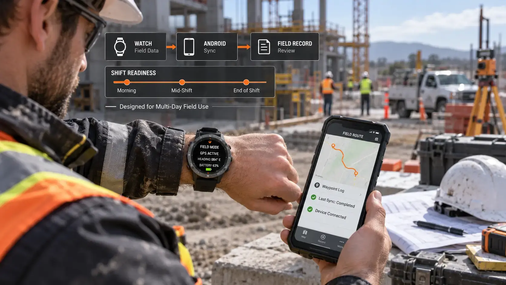 Construction supervisor reviewing GPS field data on a rugged smartwatch. Construction supervisor reviewing GPS field data on a rugged smartwatch.