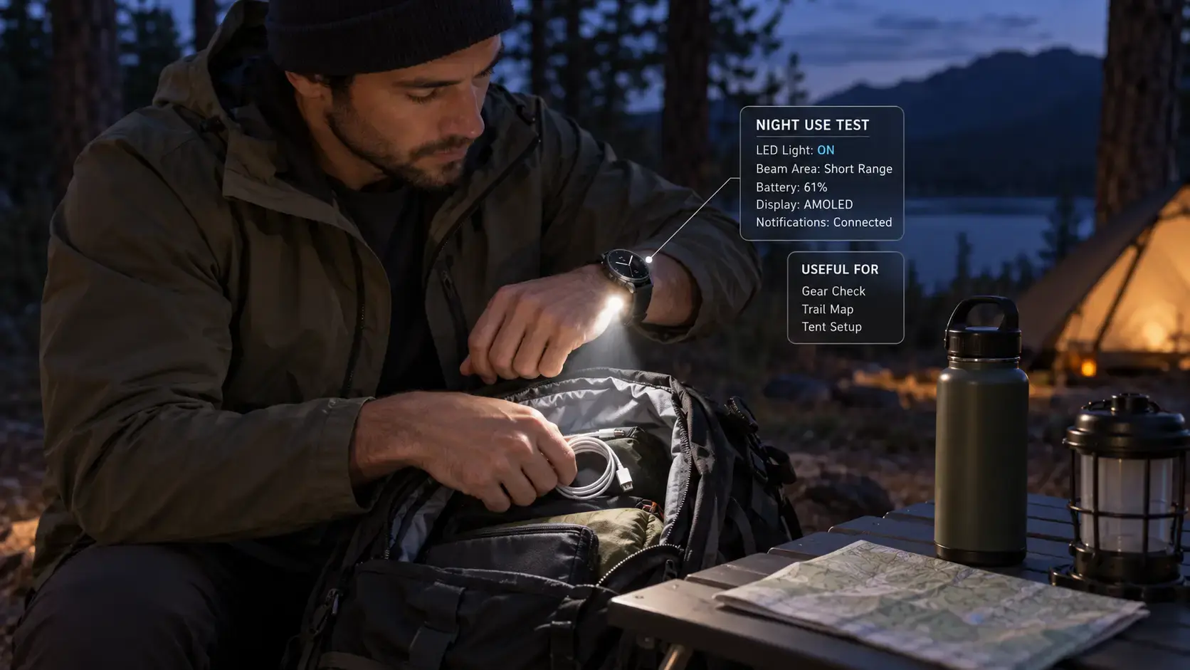 Smartwatch LED flashlight used at campsite Smartwatch LED flashlight used at campsite