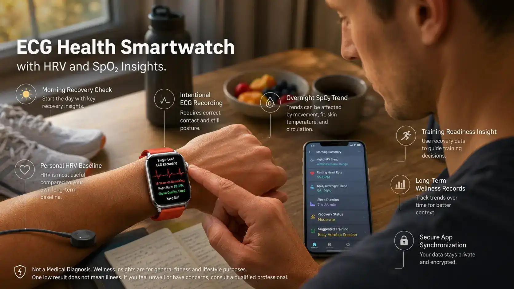 ECG Health Smartwatch with HRV and SpO2 Insights
