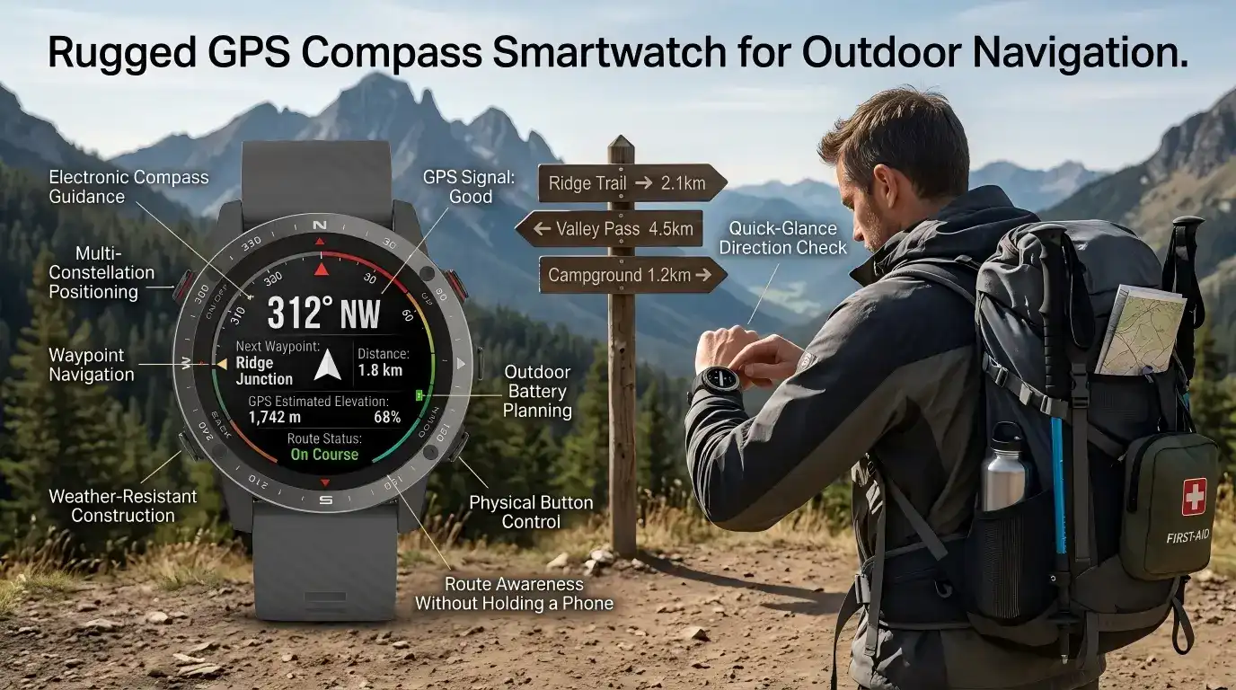 Rugged GPS Compass Smartwatch for Outdoor Navigation